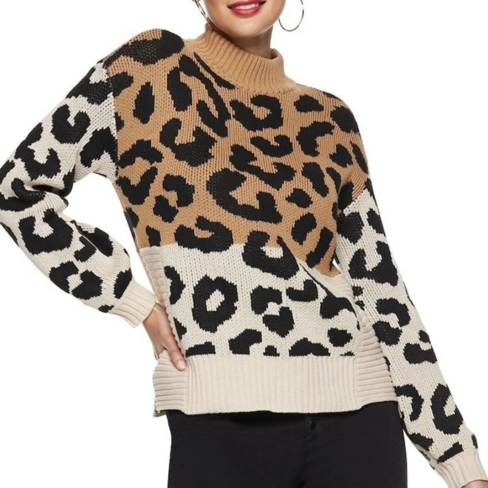 Nine West Leopard Mock Neck Knit Sweater